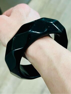 Vintage 1950s Black Lucite Faceted Chunky Bangle Bracelet 1.25” Wide